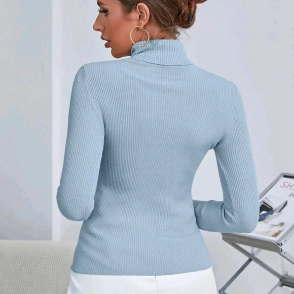 Solid High Neck Rib-Knit Sweater - Picture 3 of 6